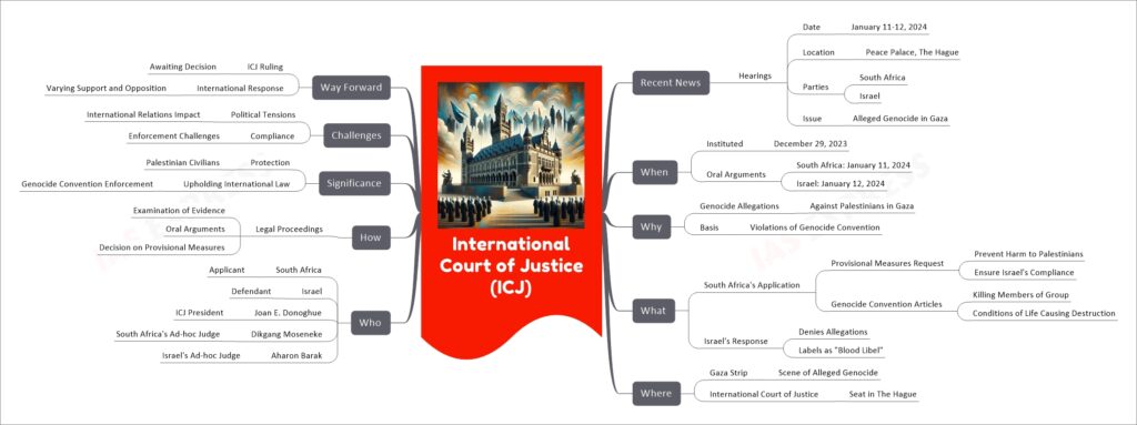 International Court of Justice (ICJ) mind map
Recent News
Hearings
Date
January 11-12, 2024
Location
Peace Palace, The Hague
Parties
South Africa
Israel
Issue
Alleged Genocide in Gaza
When
Instituted
December 29, 2023
Oral Arguments
South Africa: January 11, 2024
Israel: January 12, 2024
Why
Genocide Allegations
Against Palestinians in Gaza
Basis
Violations of Genocide Convention
What
South Africa's Application
Provisional Measures Request
Prevent Harm to Palestinians
Ensure Israel's Compliance
Genocide Convention Articles
Killing Members of Group
Conditions of Life Causing Destruction
Israel's Response
Denies Allegations
Labels as "Blood Libel"
Where
Gaza Strip
Scene of Alleged Genocide
International Court of Justice
Seat in The Hague
Who
South Africa
Applicant
Israel
Defendant
Joan E. Donoghue
ICJ President
Dikgang Moseneke
South Africa's Ad-hoc Judge
Aharon Barak
Israel's Ad-hoc Judge
How
Legal Proceedings
Examination of Evidence
Oral Arguments
Decision on Provisional Measures
Significance
Protection
Palestinian Civilians
Upholding International Law
Genocide Convention Enforcement
Challenges
Political Tensions
International Relations Impact
Compliance
Enforcement Challenges
Way Forward
ICJ Ruling
Awaiting Decision
International Response
Varying Support and Opposition
